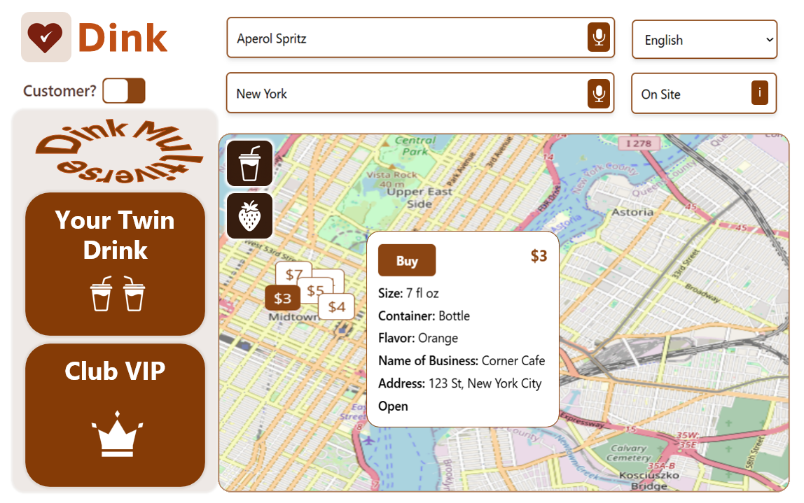 Diink app interface showing drink search and map